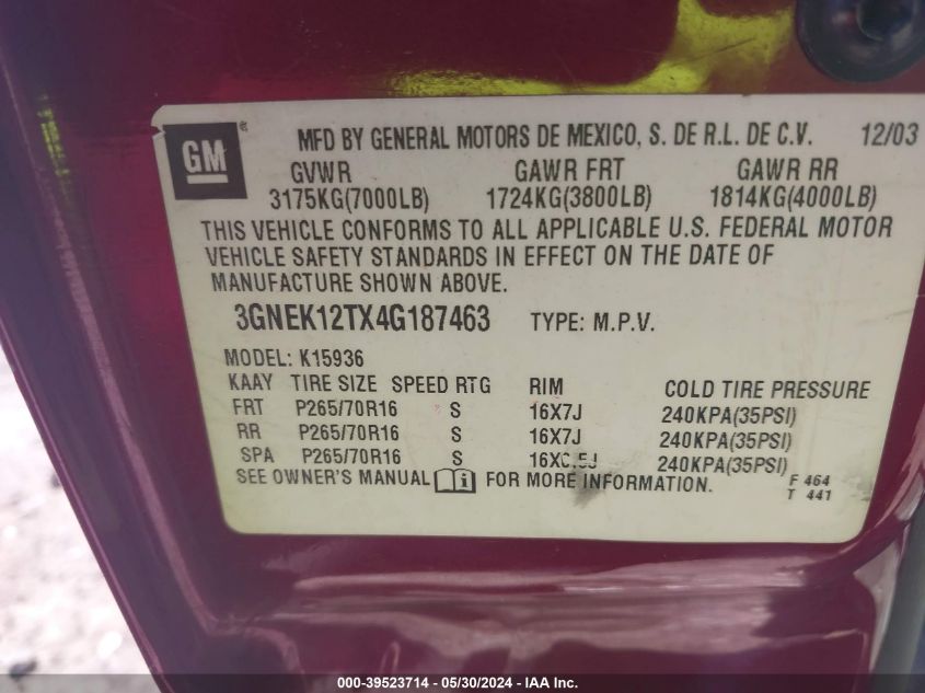 2004 Chevrolet Avalanche 1500 VIN: 3GNEK12TX4G187463 Lot: 39523714