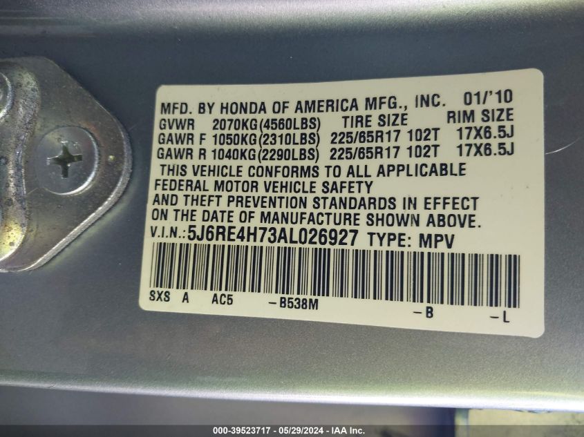 2010 Honda Cr-V Ex-L VIN: 5J6RE4H73AL026927 Lot: 39523717