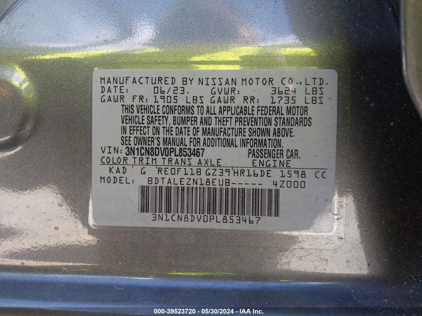 2023 Nissan Versa 1.6 S Xtronic Cvt VIN: 3N1CN8DV0PL853467 Lot: 39523720