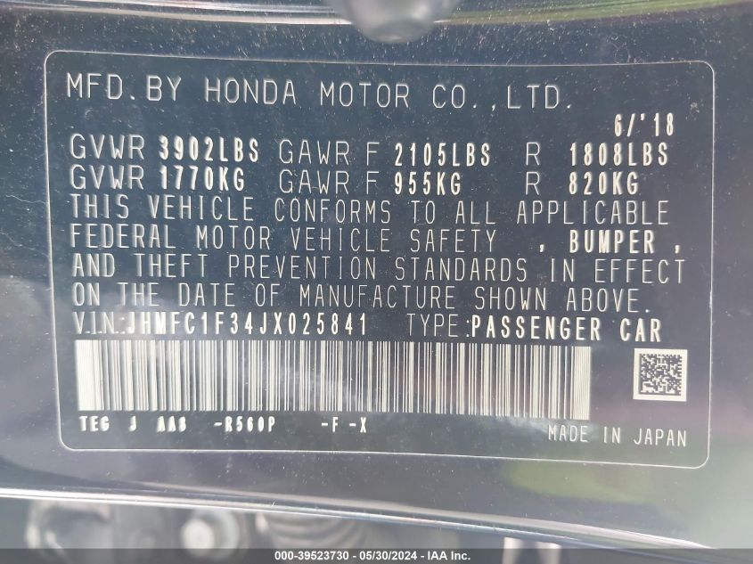 2018 Honda Civic Ex-T VIN: JHMFC1F34JX025841 Lot: 39523730