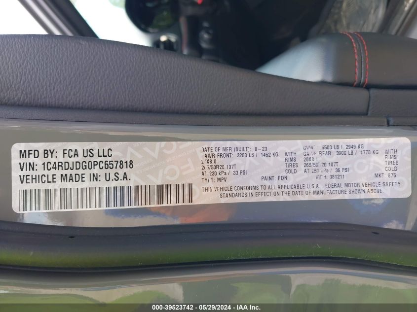 2023 Dodge Durango Gt Awd VIN: 1C4RDJDG0PC657818 Lot: 39523742
