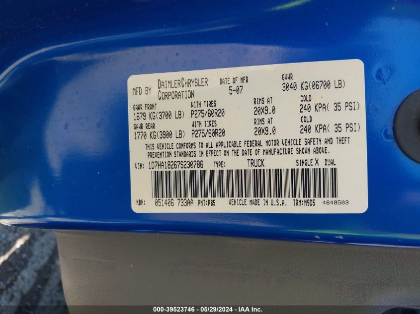 2007 Dodge Ram 1500 Slt VIN: 1D7HA18267S230786 Lot: 39523746