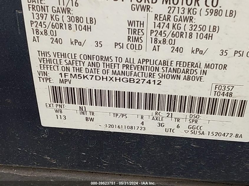 2017 Ford Explorer Xlt VIN: 1FM5K7DHXHGB27412 Lot: 39523751