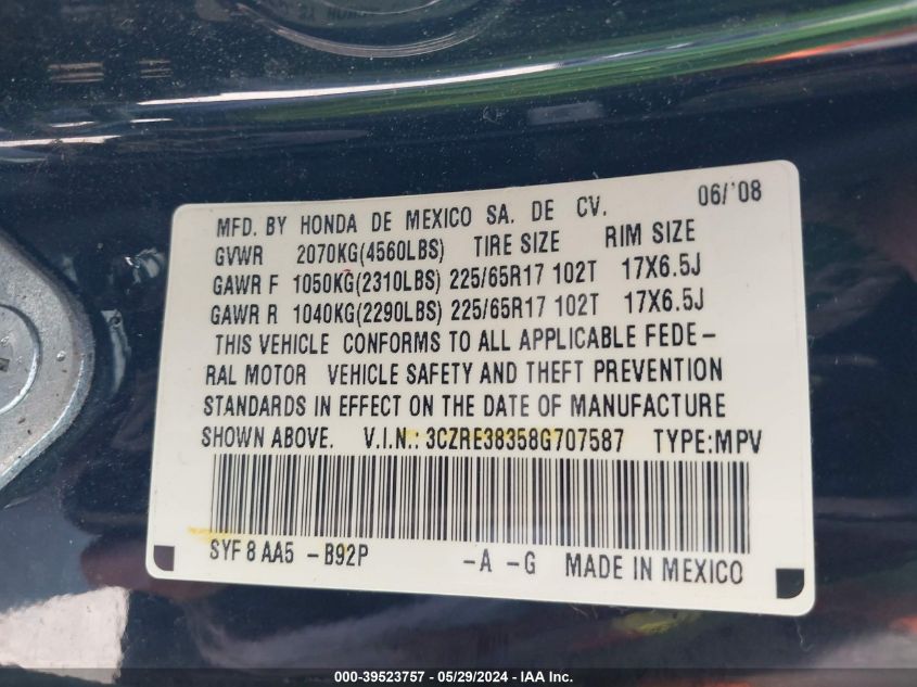 2008 Honda Cr-V Lx VIN: 3CZRE38358G707587 Lot: 39523757
