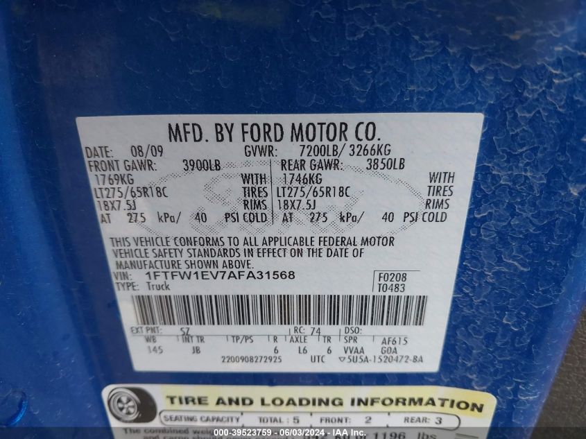 2010 Ford F-150 Fx4/Harley-Davidson/King Ranch/Lariat/Platinum/Xl/Xlt VIN: 1FTFW1EV7AFA31568 Lot: 39523759