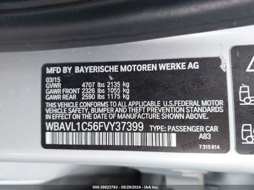 2015 BMW X1 xDrive28I VIN: WBAVL1C56FVY37399 Lot: 39523763