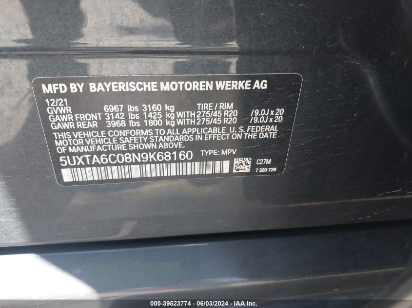 2022 BMW X5 Phev xDrive45E VIN: 5UXTA6C08N9K68160 Lot: 39523774