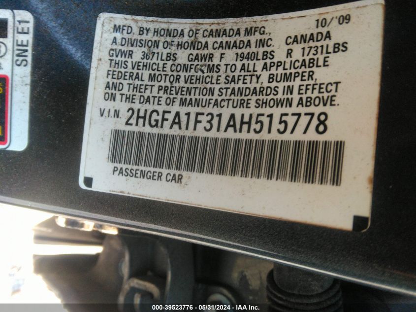 2010 Honda Civic Vp VIN: 2HGFA1F31AH515778 Lot: 39523776