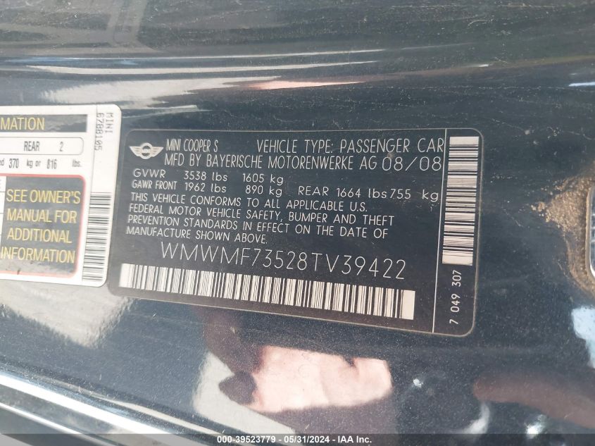 2008 Mini Cooper S VIN: WMWMF73528TV39422 Lot: 39523779