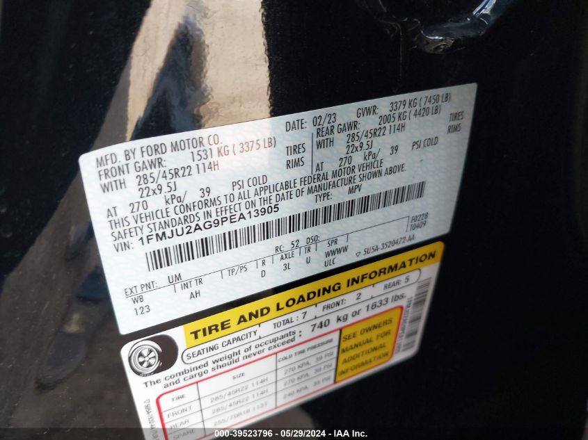 2023 Ford Expedition Limited VIN: 1FMJU2AG9PEA13905 Lot: 39523796