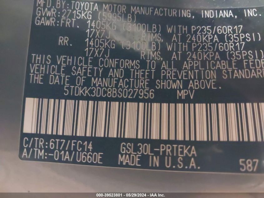 2011 Toyota Sienna Le V6 VIN: 5TDKK3DC8BS027956 Lot: 39523801