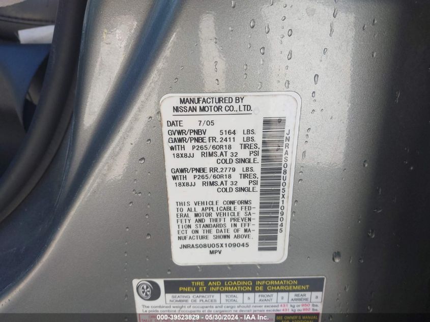 2005 Infiniti Fx35 VIN: JNRAS08U05X109045 Lot: 39523829