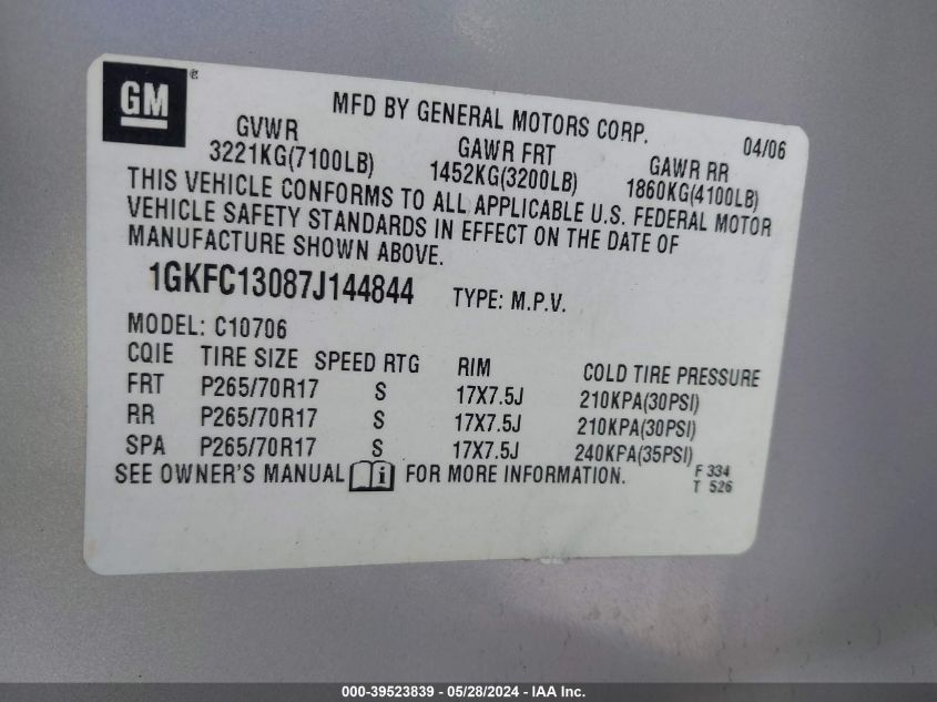 2007 GMC Yukon Slt VIN: 1GKFC13087J144844 Lot: 39523839