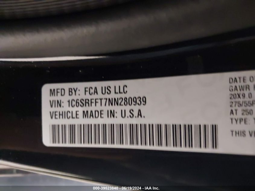 2022 Ram 1500 Big Horn 4X4 5'7 Box VIN: 1C6SRFFT7NN280939 Lot: 39523840