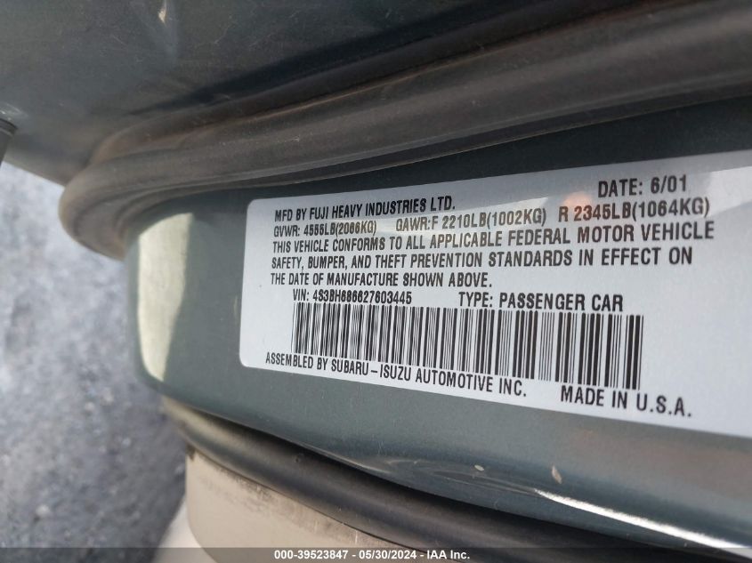 2002 Subaru Outback Limited VIN: 4S3BH686627603445 Lot: 39523847