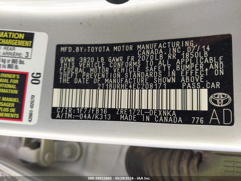 2014 Toyota Corolla Le VIN: 2T1BURHE4EC208171 Lot: 39523865