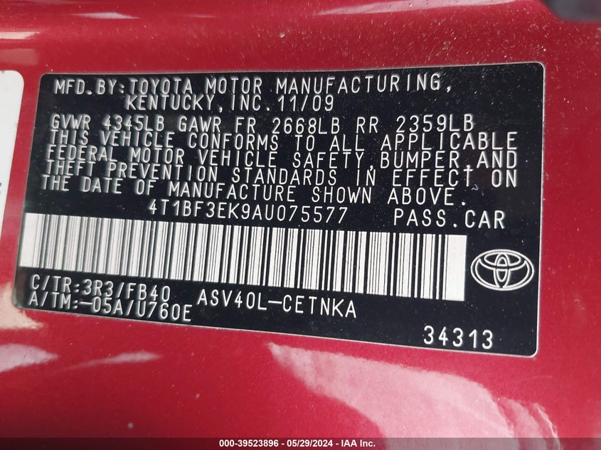 2010 Toyota Camry Le VIN: 4T1BF3EK9AU075577 Lot: 39523896