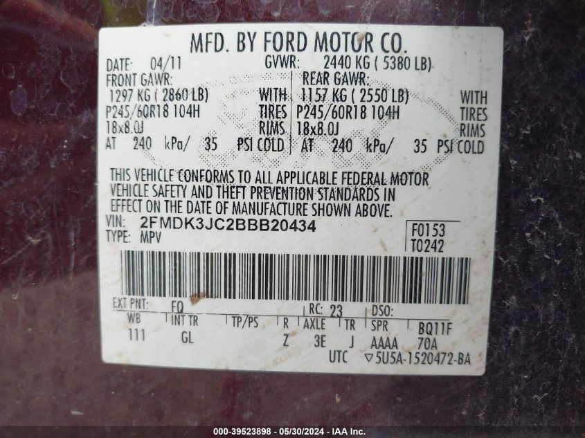 2011 Ford Edge Sel VIN: 2FMDK3JC2BBB20434 Lot: 39523898