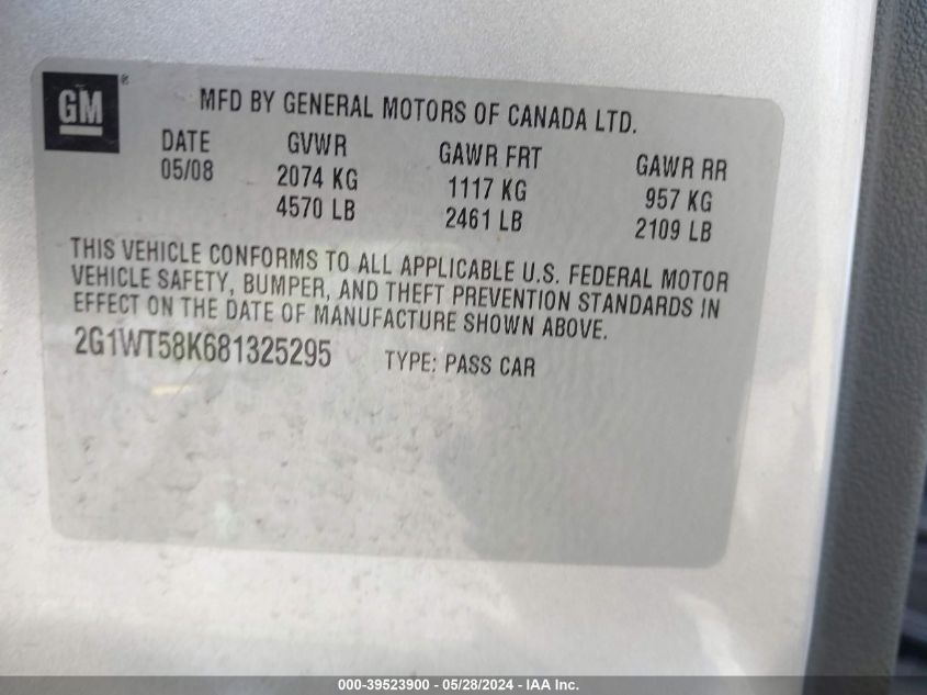2008 Chevrolet Impala Lt VIN: 2G1WT58K681325295 Lot: 39523900