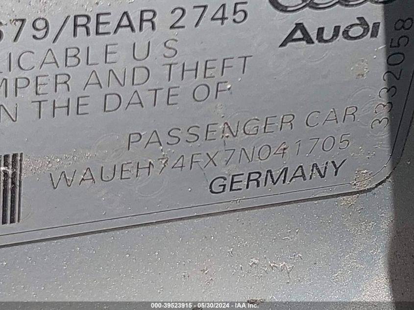 2007 Audi A6 3.2 VIN: WAUEH74FX7N041705 Lot: 39523915