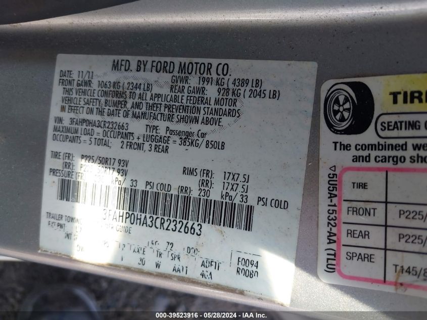 2012 Ford Fusion Se VIN: 3FAHP0HA3CR232663 Lot: 39523916