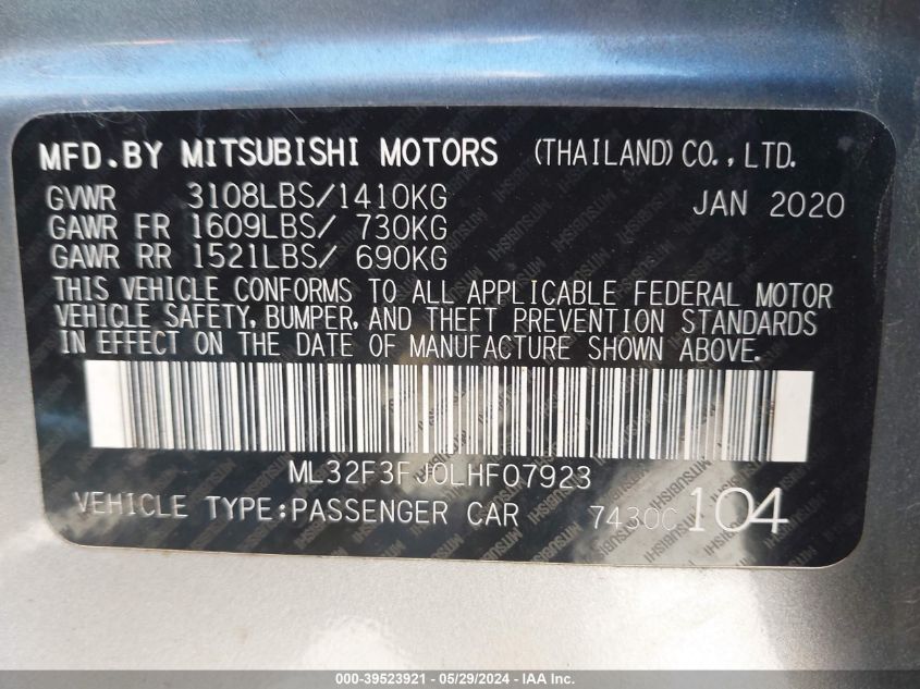 2020 Mitsubishi Mirage G4 Es VIN: ML32F3FJ0LHF07923 Lot: 39523921