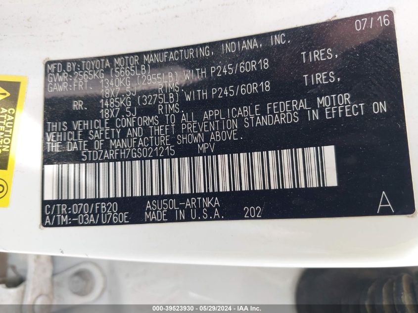 2016 Toyota Highlander Le VIN: 5TDZARFH7GS021215 Lot: 39523930