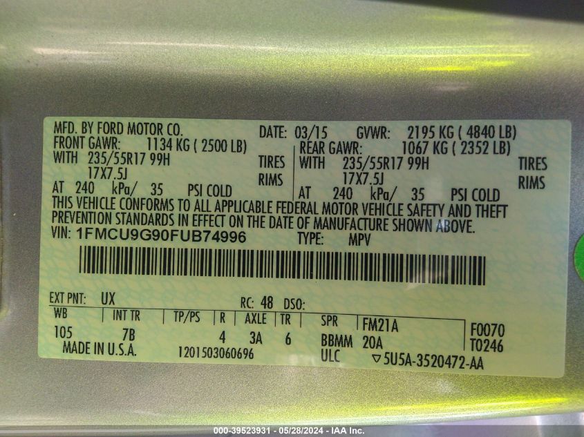 2015 Ford Escape Se VIN: 1FMCU9G90FUB74996 Lot: 39523931