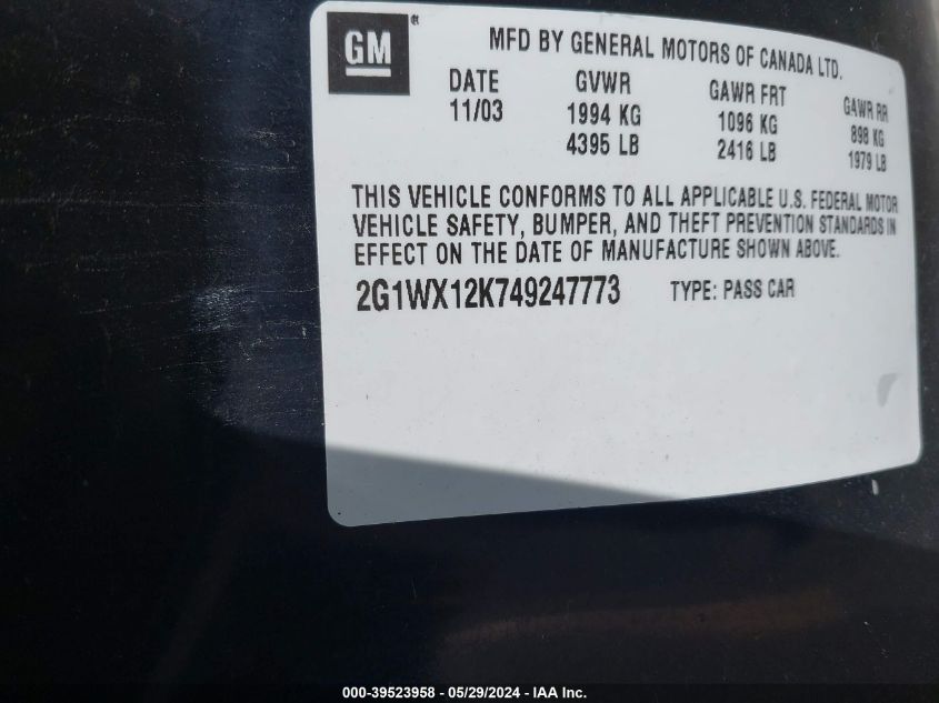 2004 Chevrolet Monte Carlo Ss VIN: 2G1WX12K749247773 Lot: 39523958