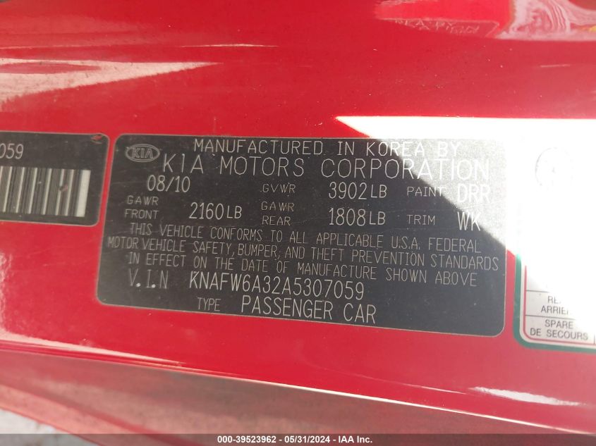 2010 Kia Forte Koup Sx VIN: KNAFW6A32A5307059 Lot: 39523962