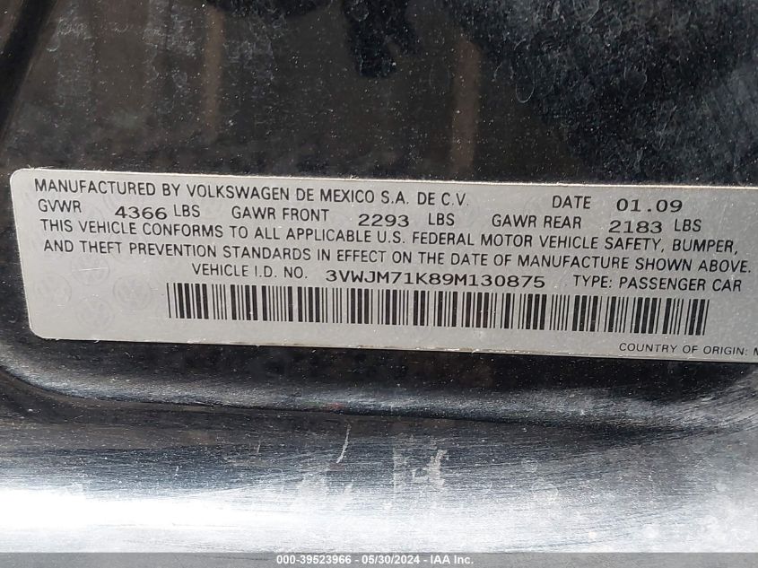 2009 Volkswagen Jetta S VIN: 3VWJM71K89M130875 Lot: 39523966