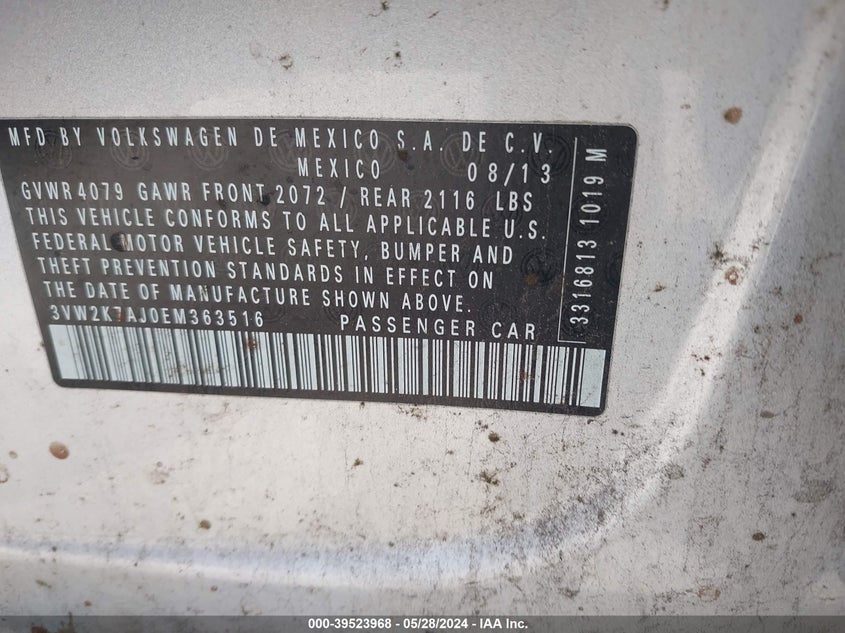 2014 Volkswagen Jetta 2.0L S VIN: 3VW2K7AJ0EM363516 Lot: 39523968