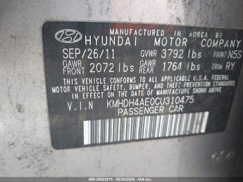 2012 Hyundai Elantra Limited (Ulsan Plant) VIN: KMHDH4AE0CU310475 Lot: 39523970