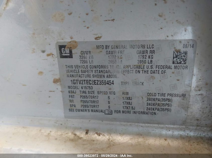 2014 GMC Sierra 1500 VIN: 1GTV2TEC2EZ359454 Lot: 39523972