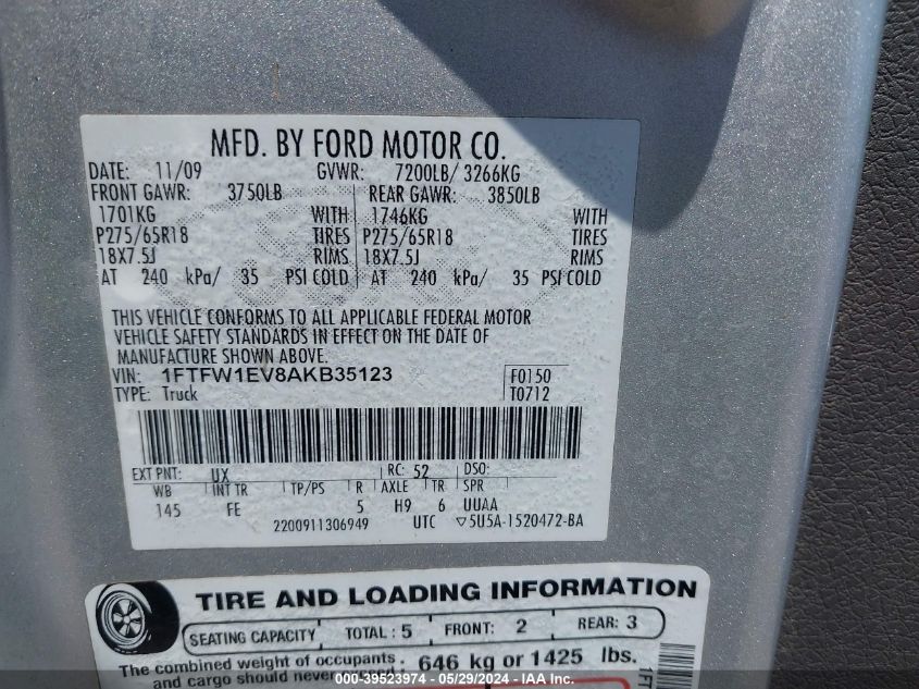 2010 Ford F-150 Fx4/Harley-Davidson/King Ranch/Lariat/Platinum/Xl/Xlt VIN: 1FTFW1EV8AKB35123 Lot: 39523974