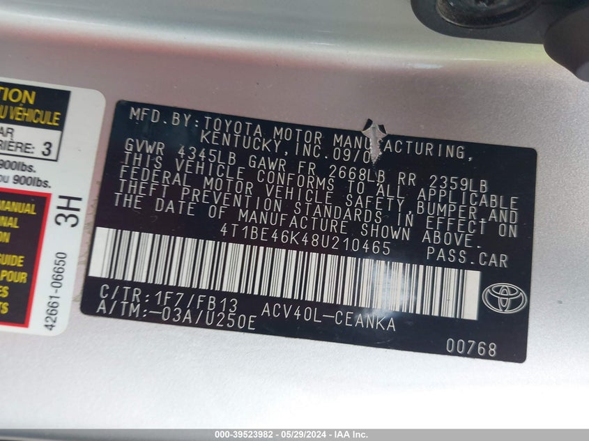 2008 Toyota Camry VIN: 4T1BE46K48U210465 Lot: 39523982