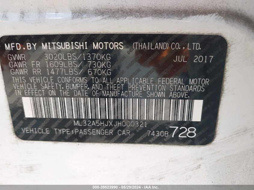 2018 Mitsubishi Mirage Gt VIN: ML32A5HJXJH000321 Lot: 39523990