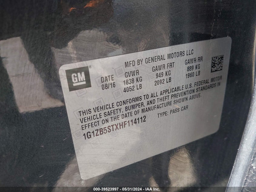2017 Chevrolet Malibu Ls VIN: 1G1ZB5STXHF114112 Lot: 39523997