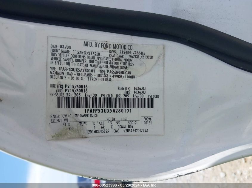 2005 Ford Taurus Se VIN: 1FAFP53UX5A280101 Lot: 39523998