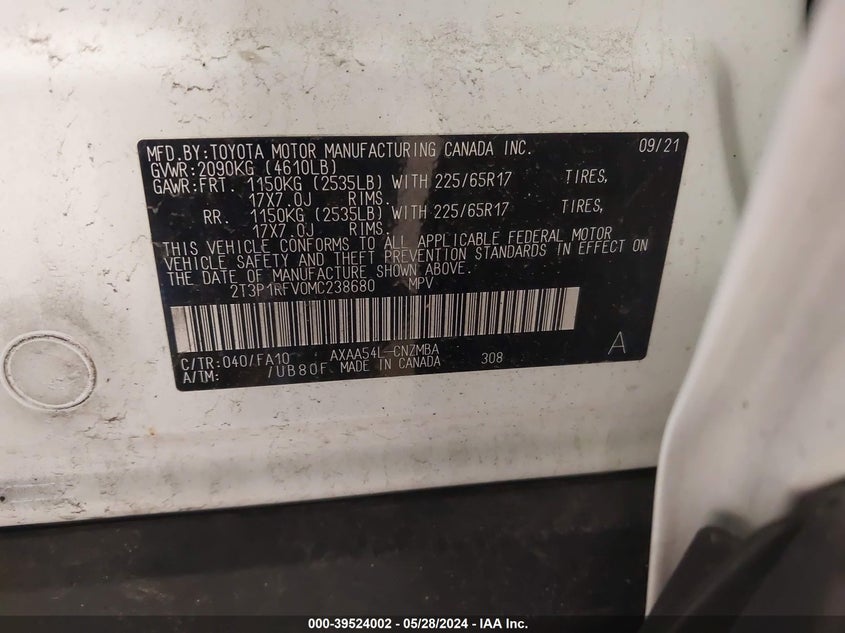 2021 Toyota Rav4 Xle VIN: 2T3P1RFV0MC238680 Lot: 39524002