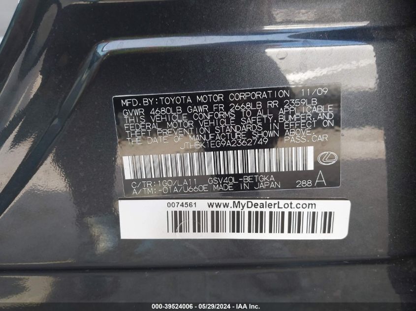 2010 Lexus Es 350 VIN: JTHBK1EG9A2362749 Lot: 39524006