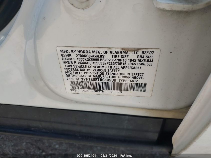 2007 Honda Pilot Ex-L VIN: 5FNYF18587B013209 Lot: 39524011