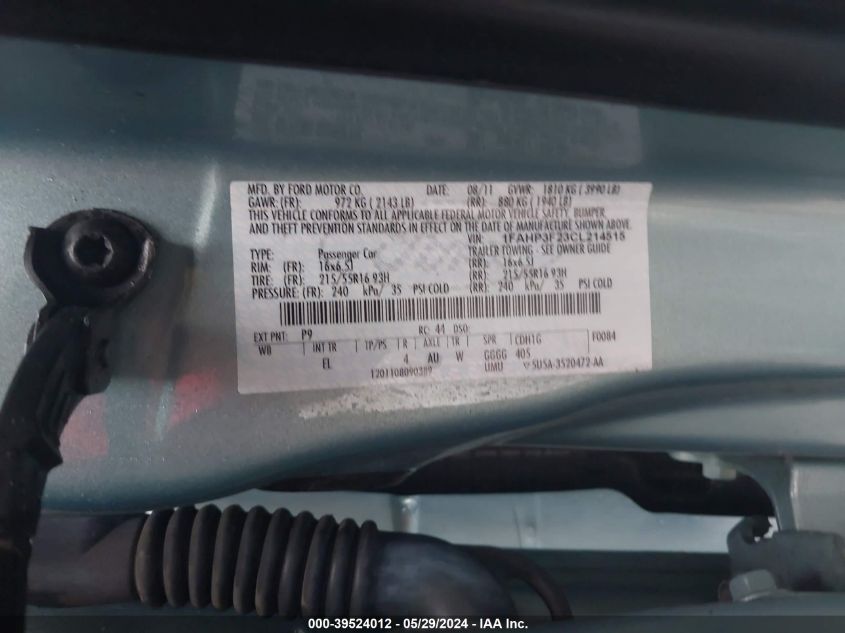 2012 Ford Focus Se VIN: 1FAHP3F23CL214515 Lot: 39524012