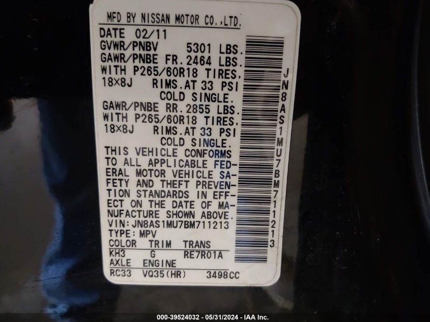 2011 Infiniti Fx35 VIN: JN8AS1MU7BM711213 Lot: 39524032