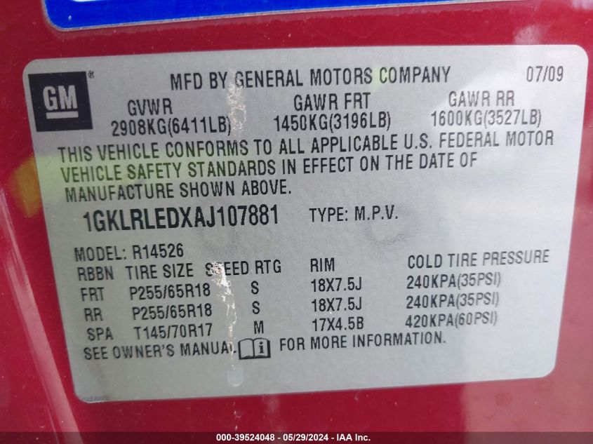 2010 GMC Acadia Sle VIN: 1GKLRLEDXAJ107881 Lot: 39524048