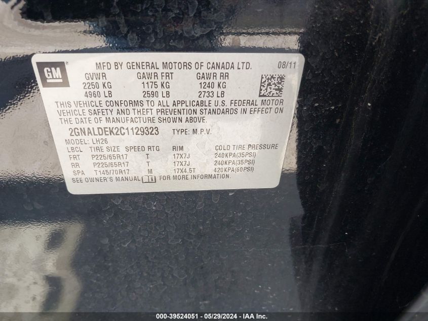 2012 Chevrolet Equinox 1Lt VIN: 2GNALDEK2C1129323 Lot: 39524051