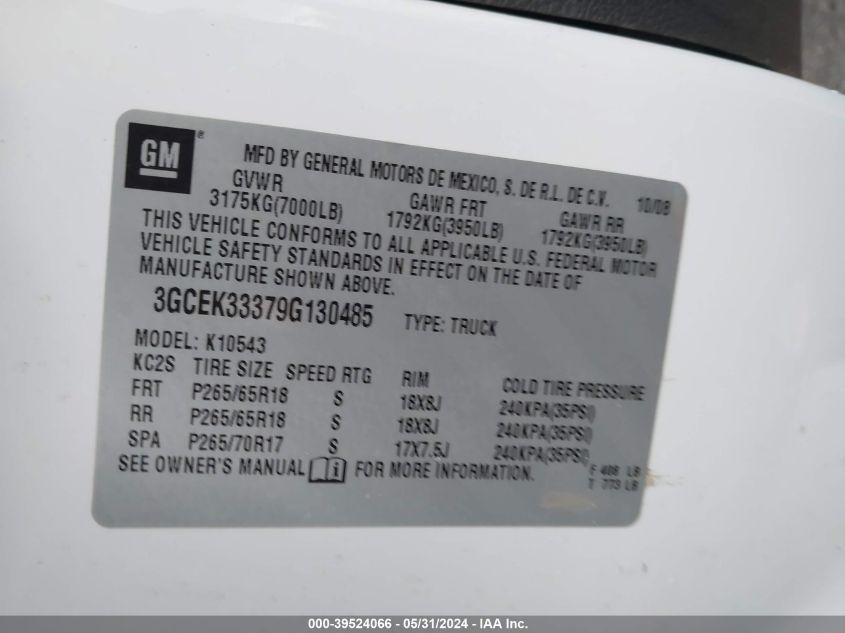 2009 Chevrolet Silverado 1500 Ltz VIN: 3GCEK33379G130485 Lot: 39524066