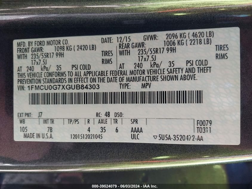 2016 Ford Escape Se VIN: 1FMCU0G7XGUB84303 Lot: 39524079