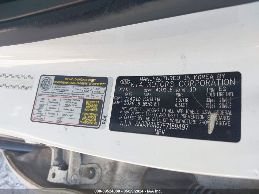 2015 Kia Soul + VIN: KNDJP3A57F7189497 Lot: 39524080