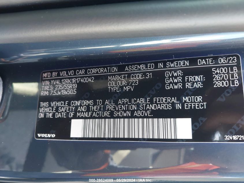 2024 Volvo Xc60 B5 Core Dark Theme VIN: YV4L12RK1R1740042 Lot: 39524089